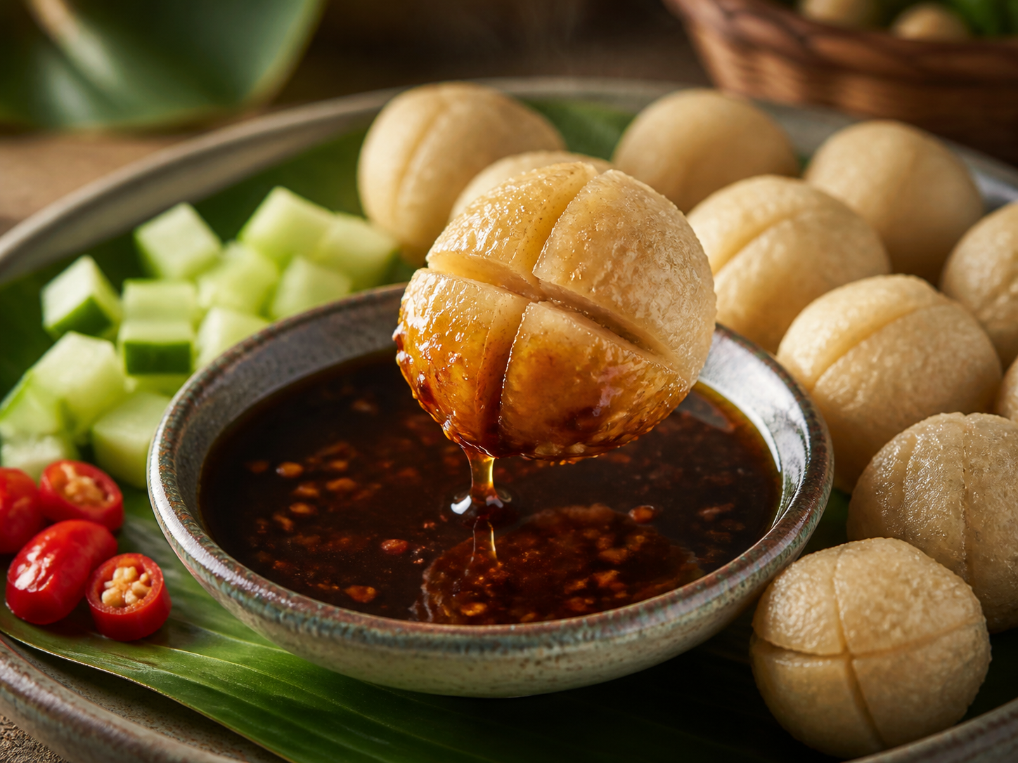 Pempek kecil Pempek Cimut dicelup ke cuko kental